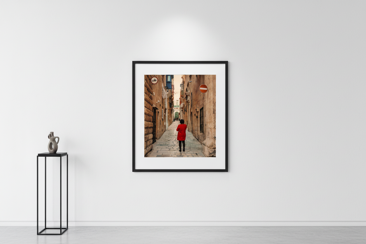 Lady in St Frederick Street, Valletta framed on wall